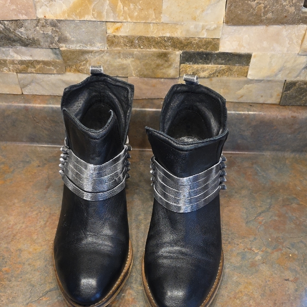 Women’s Black Leather Ankle Boots with Metallic Silver Strap